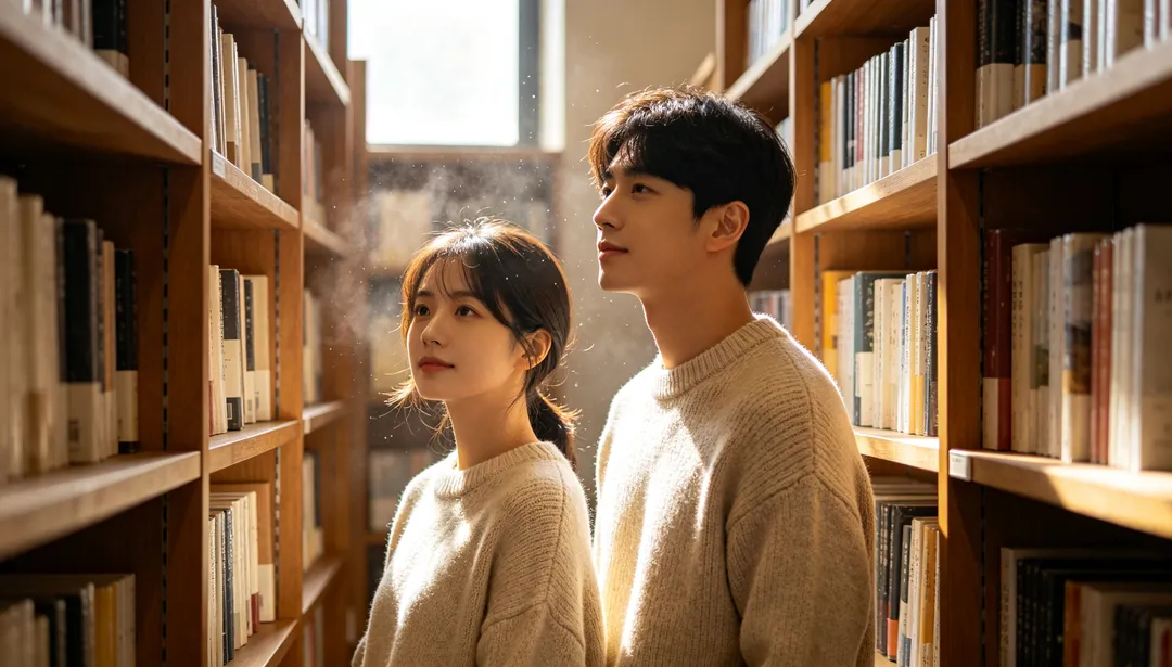 Librería tranquila: ejemplo de Fotos de pareja creado con IA