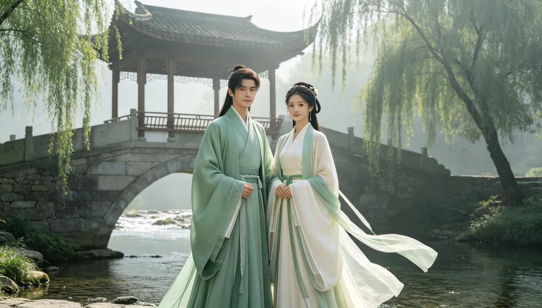 Hanfu junto al río: ejemplo de Fotos de pareja creado con IA