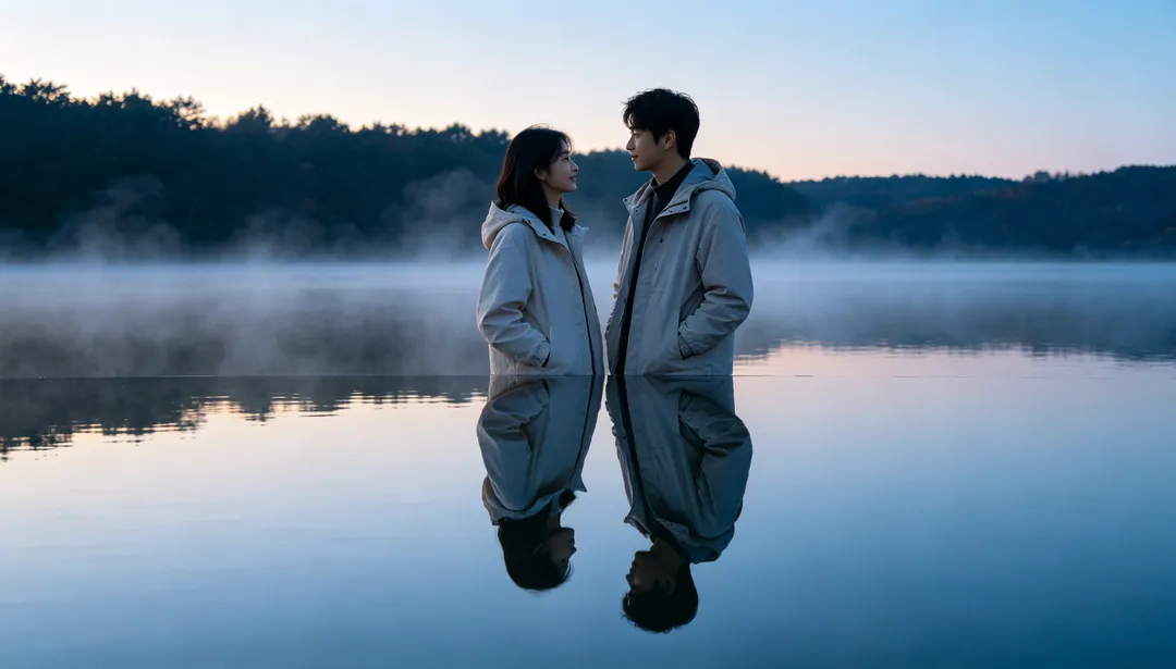 Reflejo junto al lago: ejemplo de Fotos de pareja creado con IA