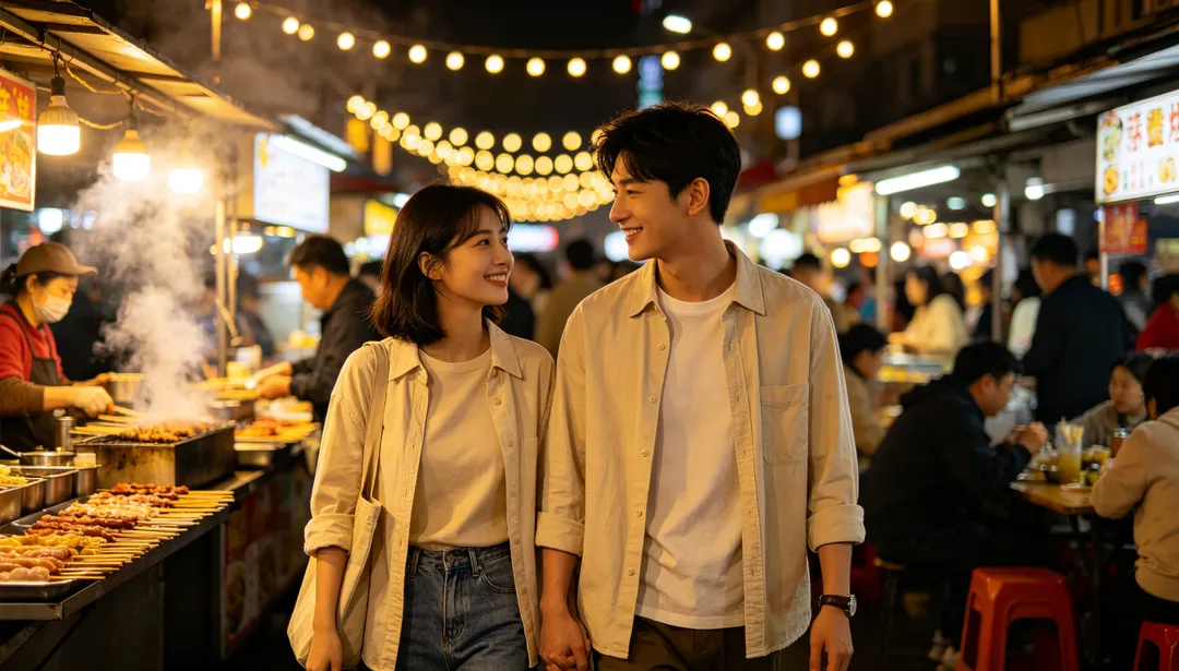 Paseo por el mercado nocturno: ejemplo de Fotos de pareja creado con IA