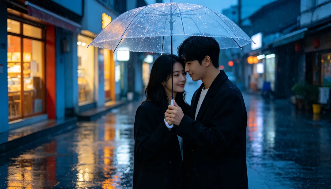 Romance bajo la lluvia: ejemplo de Fotos de pareja creado con IA