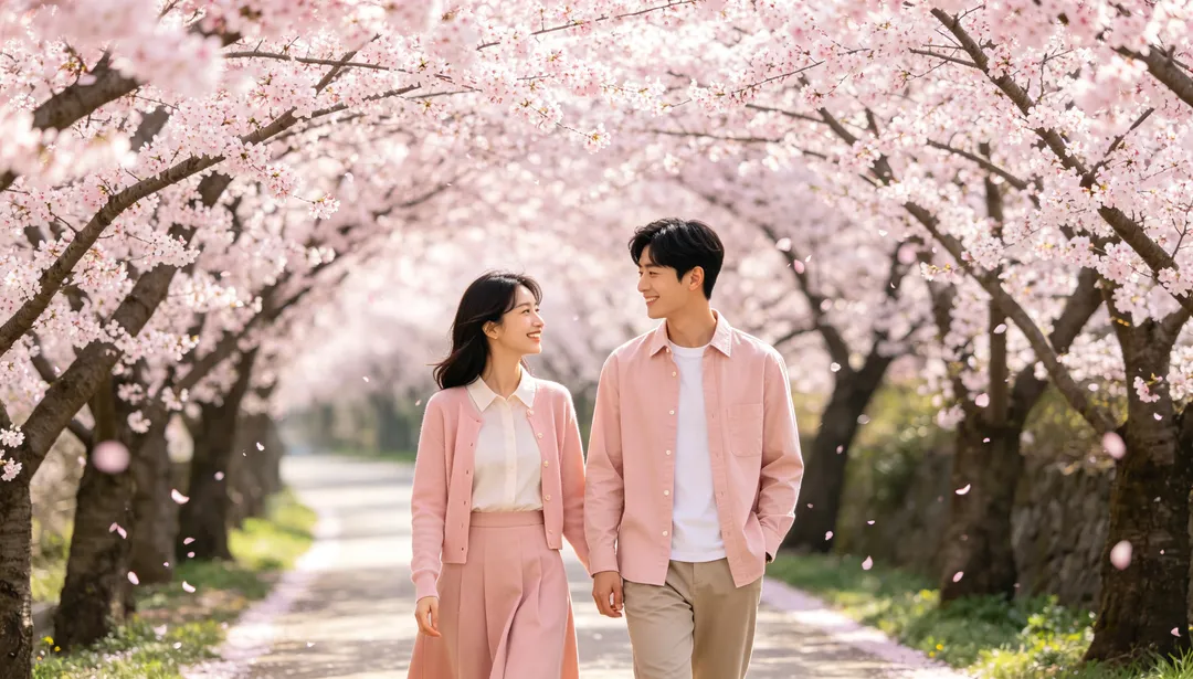 Túnel de cerezos en flor: ejemplo de Fotos de pareja creado con IA