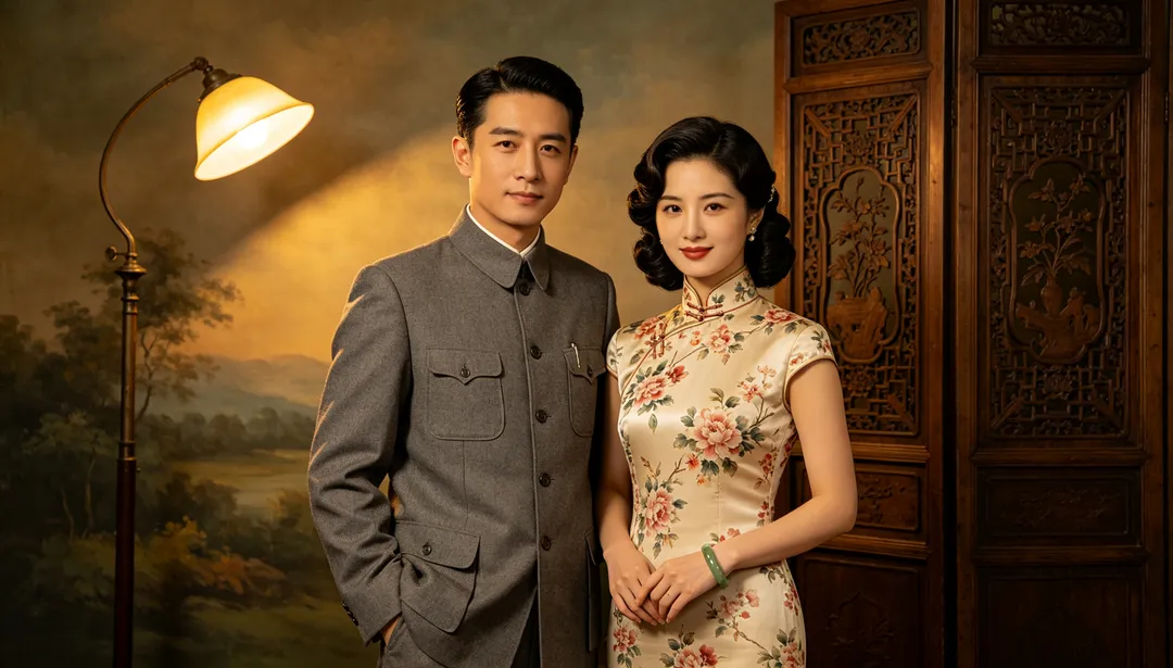 Traje Zhongshan y qipao: ejemplo de Fotos de pareja creado con IA