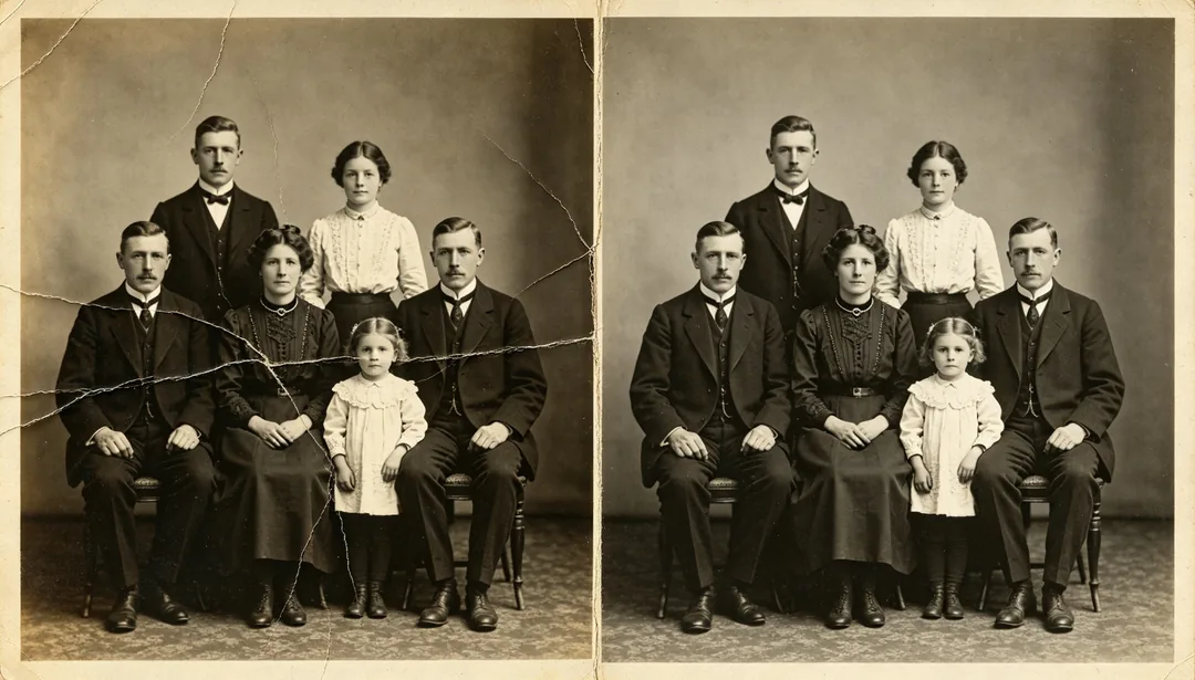 Reparar pliegues: ejemplo de Restaurar foto creado con IA
