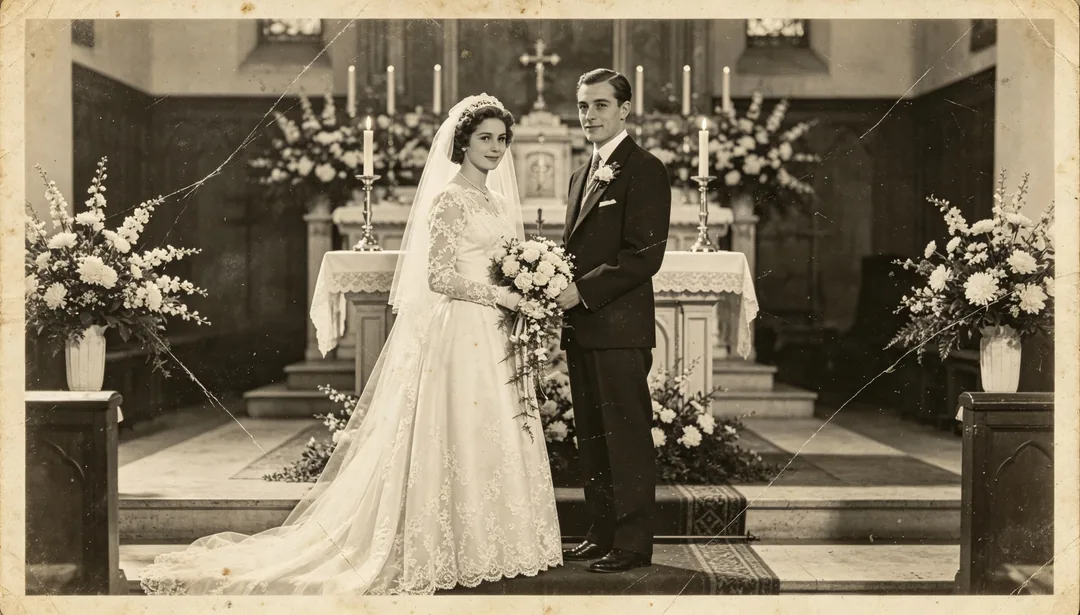 Foto de boda antigua: ejemplo de Restaurar foto creado con IA