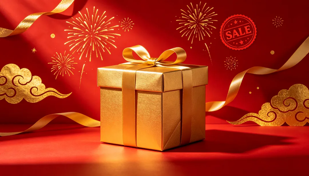 Rojo y dorado festivo: ejemplo de Póster de e-commerce creado con IA