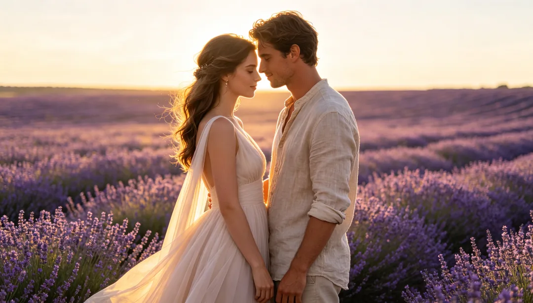 Romance en el campo de flores: ejemplo de Fotos de boda creado con IA