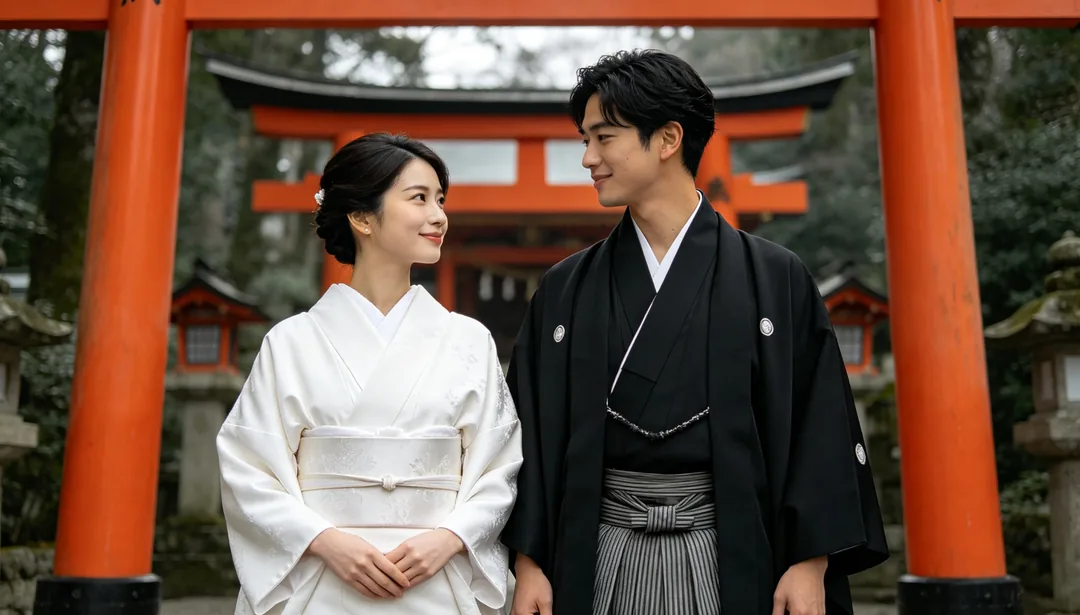 Kimono y santuario: ejemplo de Fotos de boda creado con IA