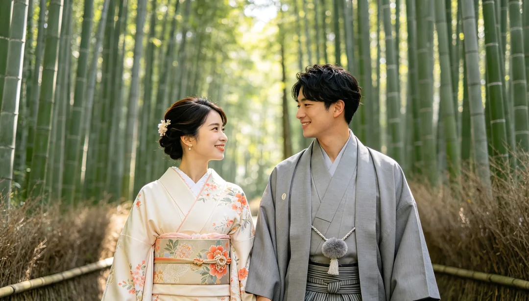 Bosque de bambú de Kioto: ejemplo de Fotos de boda creado con IA
