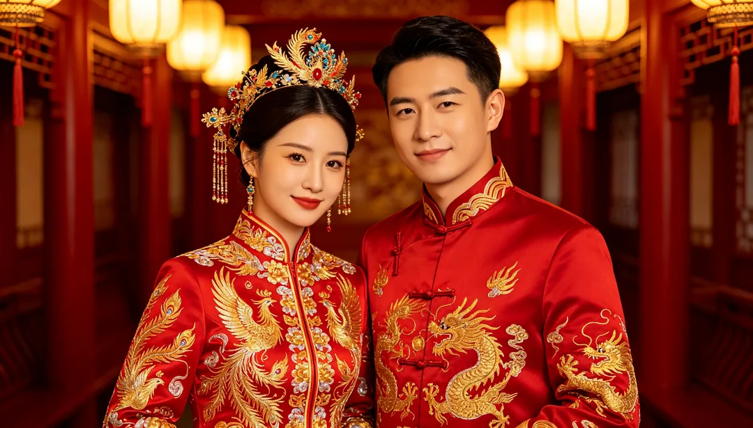 Xiuhe y corona de fénix: ejemplo de Fotos de boda creado con IA