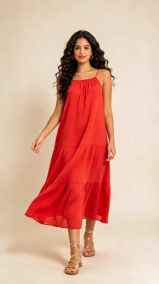 A woman in a red dress dances the carefree moves from the park dance clip — Character