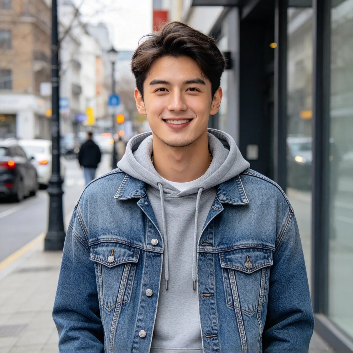 A portrait of a man and a photo of a seaside cliff town merged into one travel photo — Before