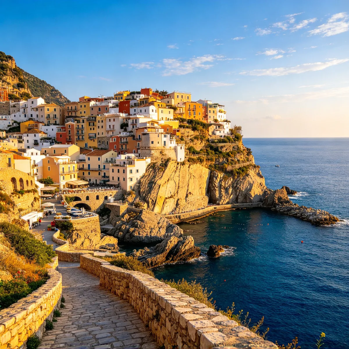 A portrait of a man and a photo of a seaside cliff town merged into one travel photo — Before