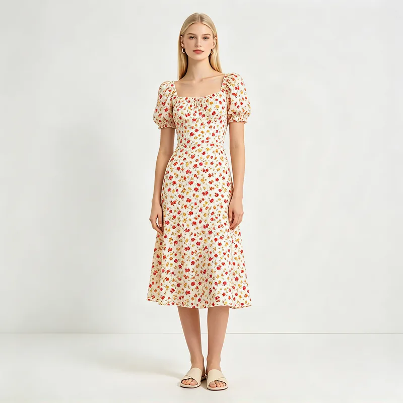 A floral summer dress worn by another model moved onto a woman standing in a park — Before