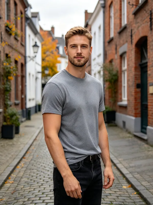 A man in a grey T-shirt dressed in a red knit sweater and a long camel coat from a text description — Before