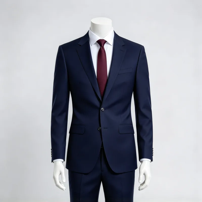 A casual hoodie replaced with a navy two-piece suit, white shirt and tie — Before