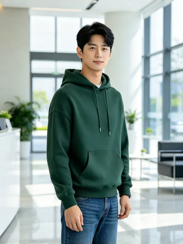A casual hoodie replaced with a navy two-piece suit, white shirt and tie — Before