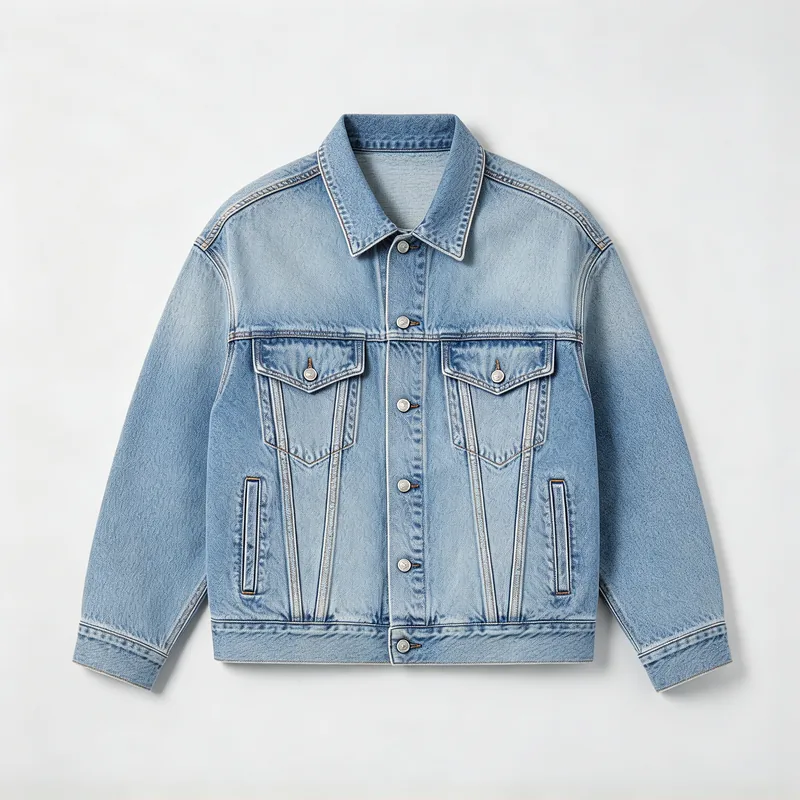 A denim jacket from a flat-lay product shot put on a woman in a plain white T-shirt — Before