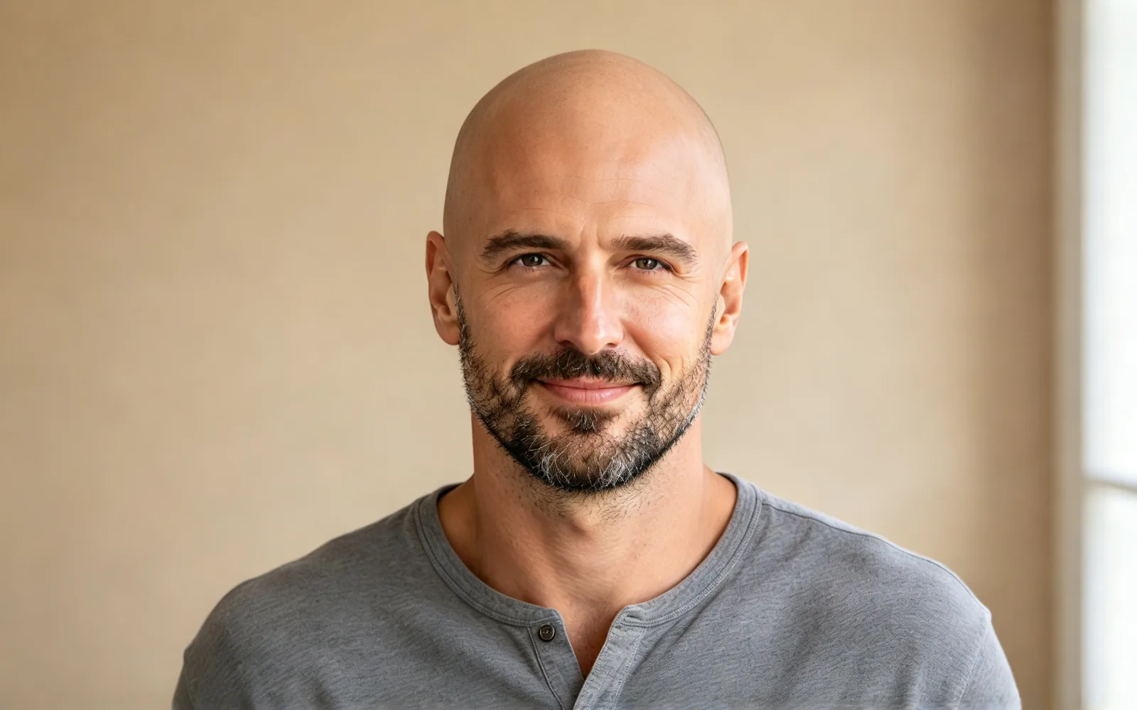 Shoulder-length wavy hair removed completely while the beard stays — After