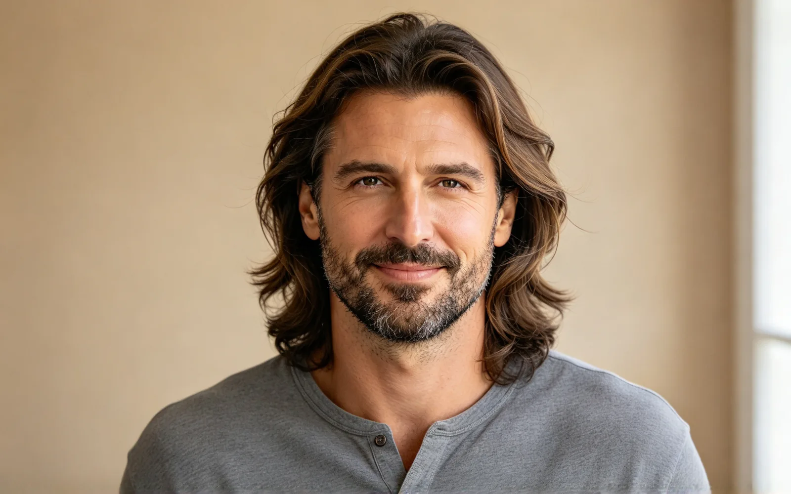 Shoulder-length wavy hair removed completely while the beard stays — Before
