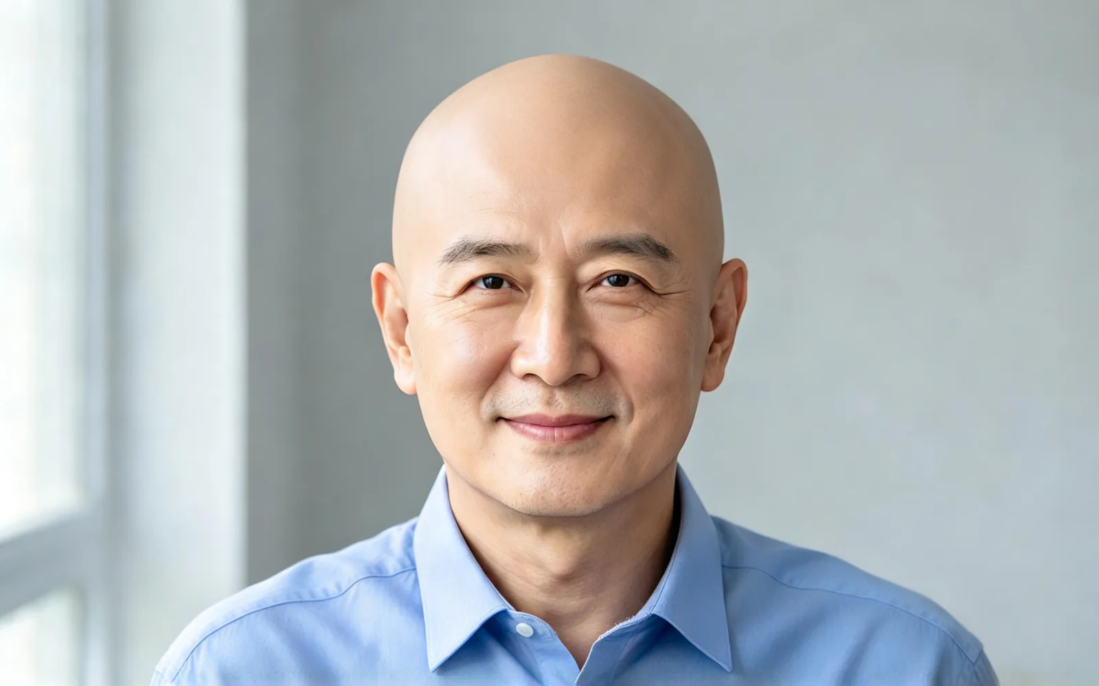 Short black hair with grey temples removed, leaving a smooth scalp — After