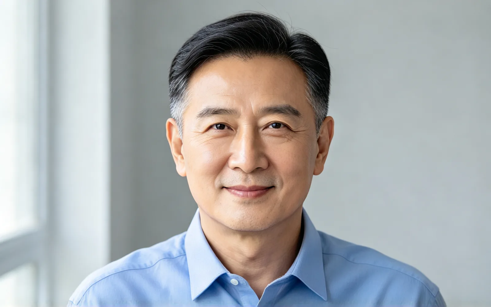 Short black hair with grey temples removed, leaving a smooth scalp — Before