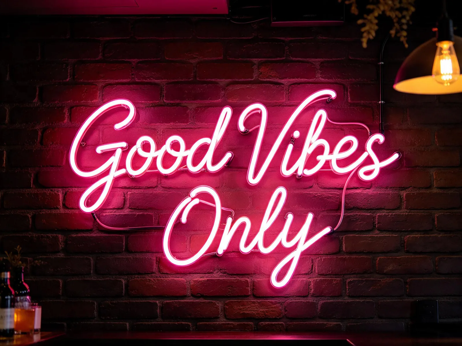 Vibez on a pink cursive neon sign changed to Vibes, with the glow and tube style kept on the brick wall — After