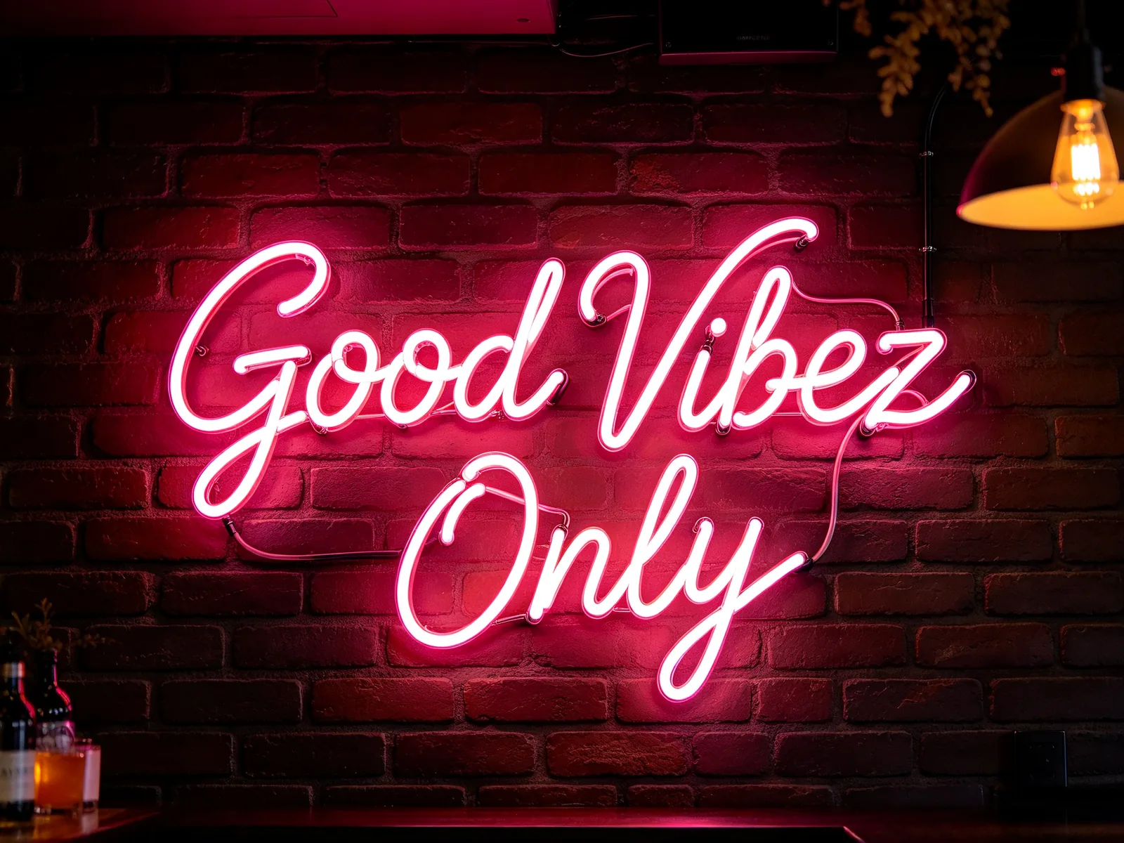 Vibez on a pink cursive neon sign changed to Vibes, with the glow and tube style kept on the brick wall — Before