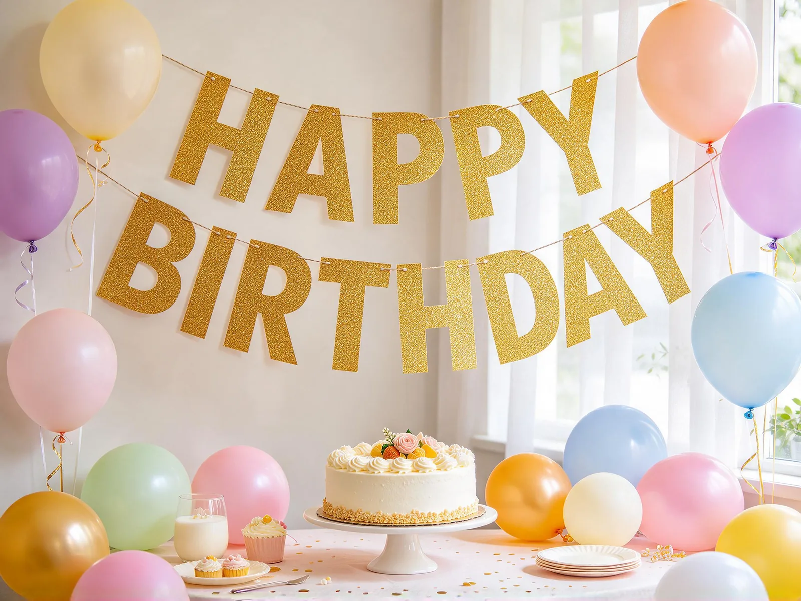 BRITHDAY on a gold glitter letter banner corrected to BIRTHDAY, with the glitter and angle kept — After