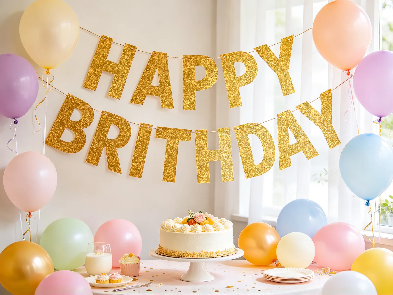 BRITHDAY on a gold glitter letter banner corrected to BIRTHDAY, with the glitter and angle kept — Before
