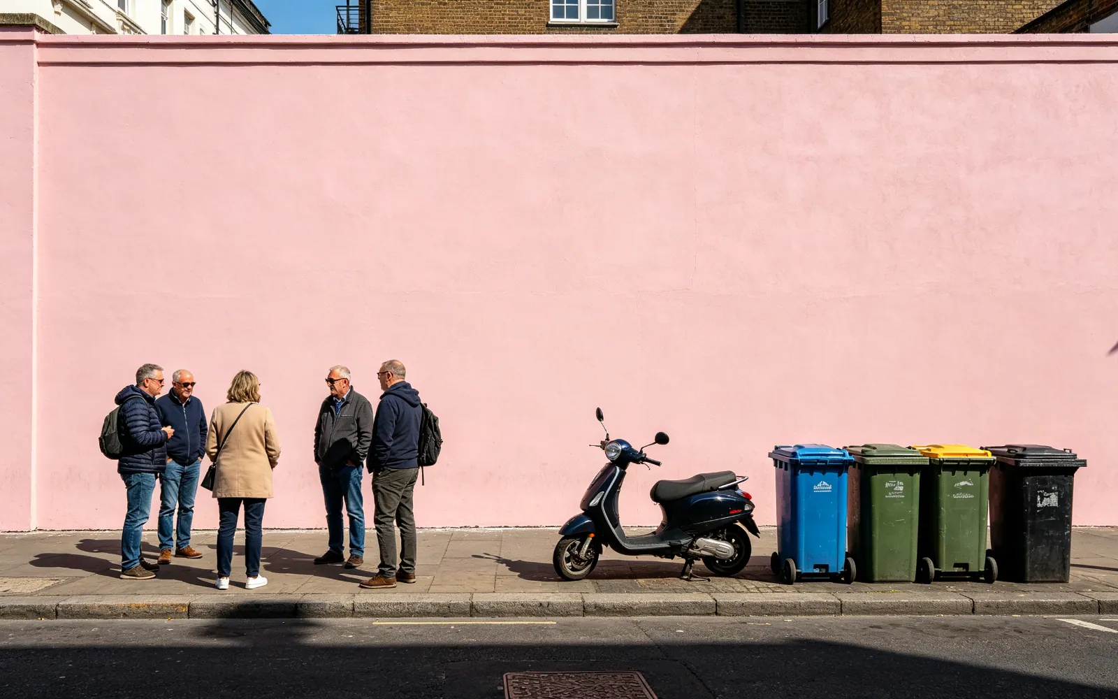 Transeúntes, un patinete y unas papeleras borrados delante de una pared rosa — Antes