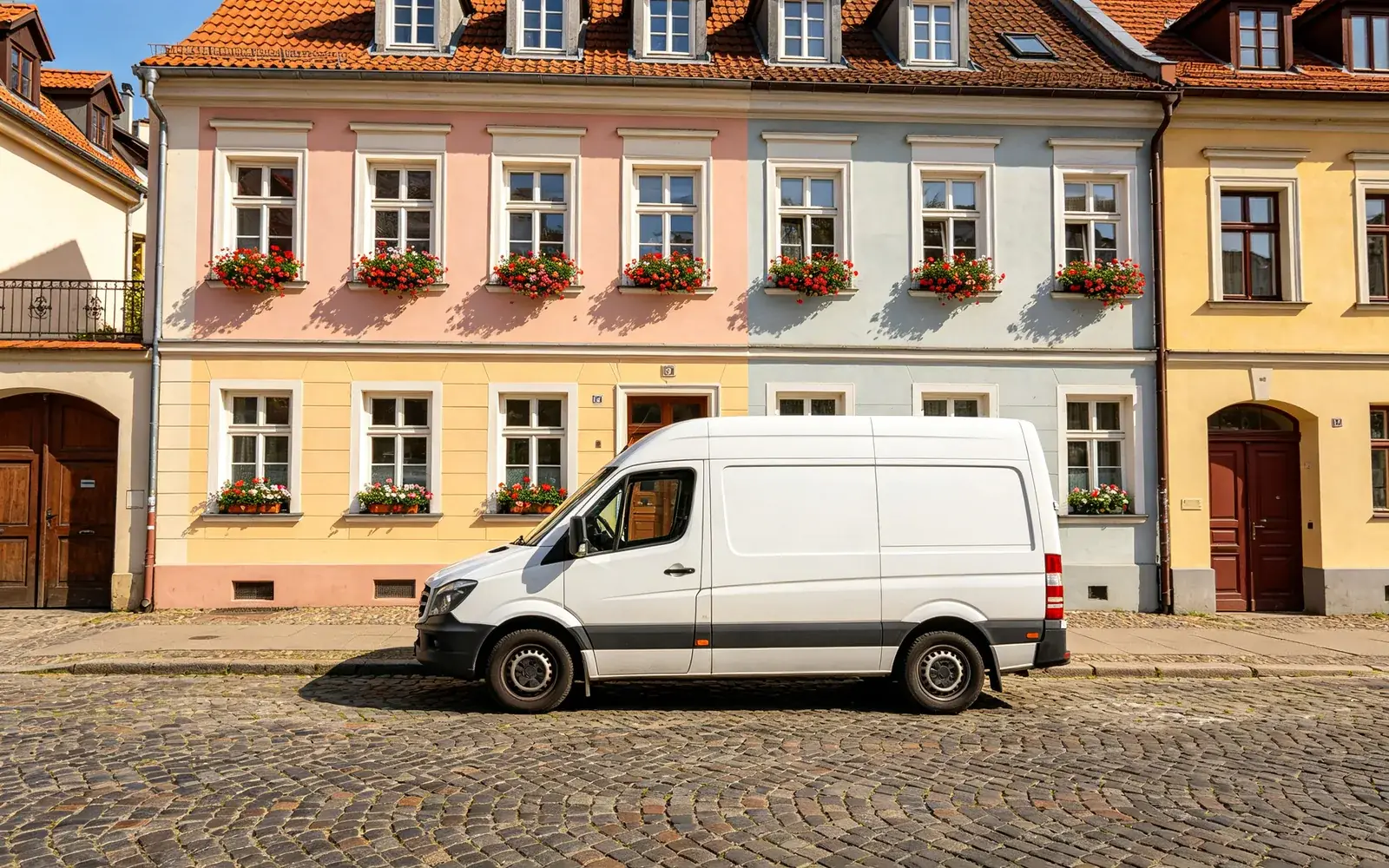 Una furgoneta estacionada eliminada de una calle europea antigua — Antes