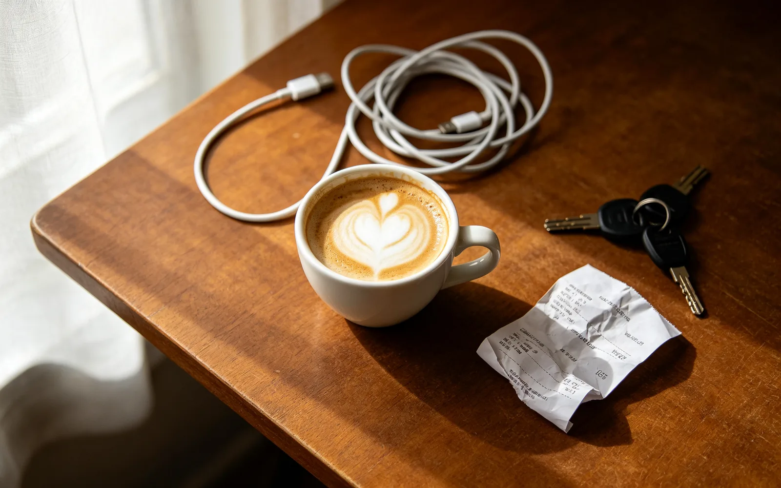 Cables, tickets y llaves retirados de la mesa de una cafetería — Antes