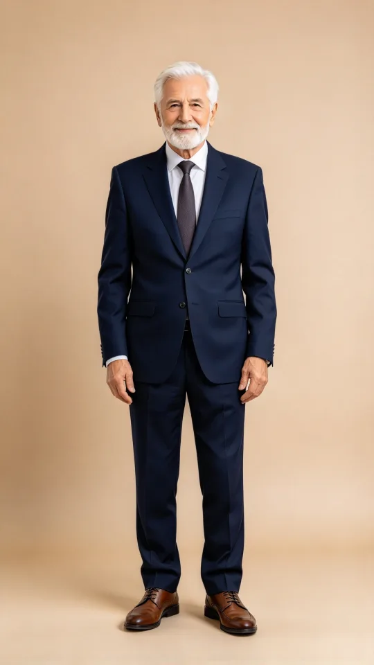An elderly gentleman in a suit strikes the poses and steps of a fashion model under clothing-store lights — Character