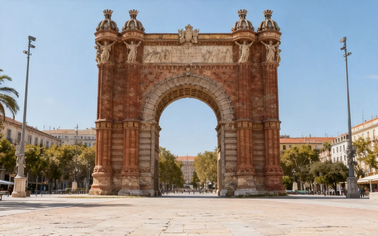 Una multitud despejada delante de un arco de piedra — Después