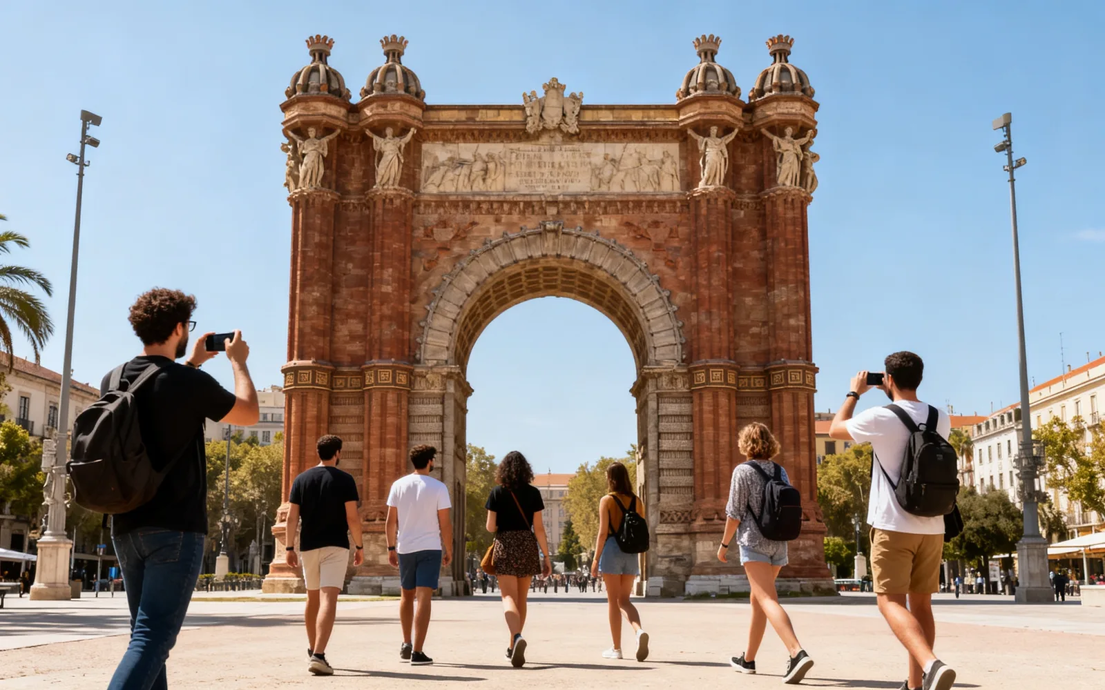 Una multitud despejada delante de un arco de piedra — Antes