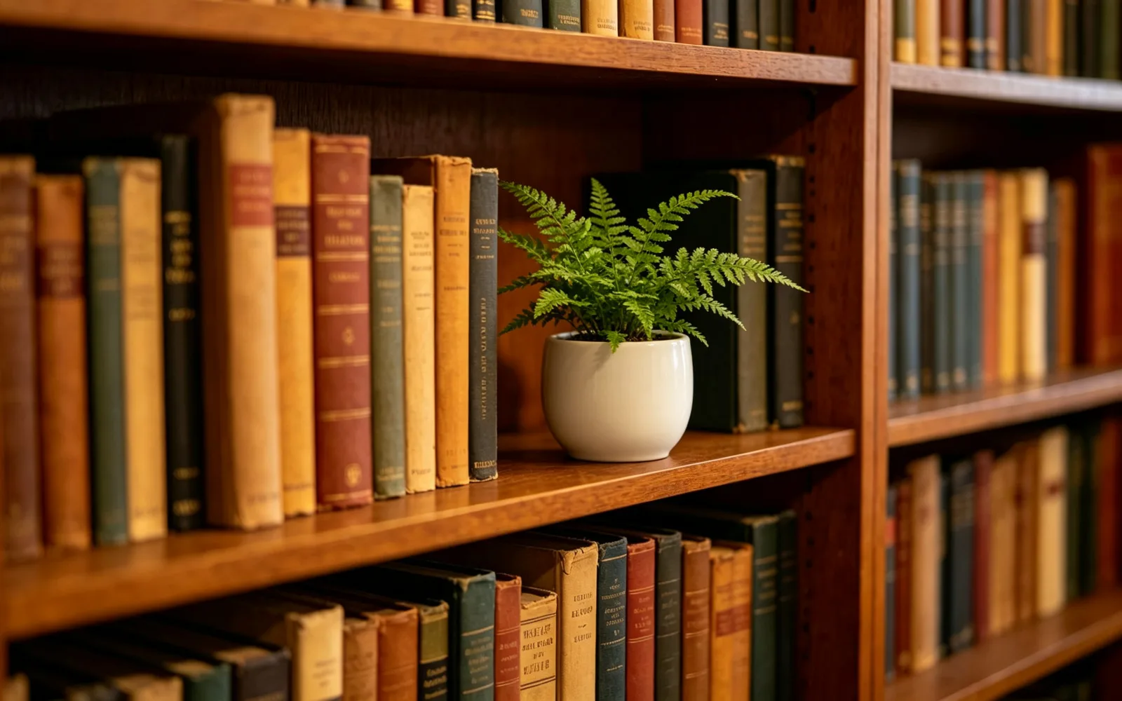 Un despertador antiguo en una librería sustituido por un helecho en maceta — Después