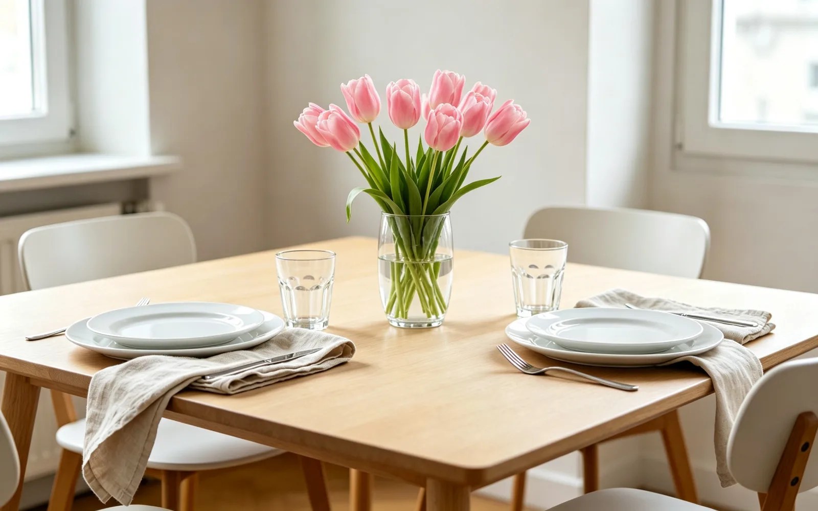 Un jarrón de tulipanes añadido en la mitad vacía de una mesa — Después