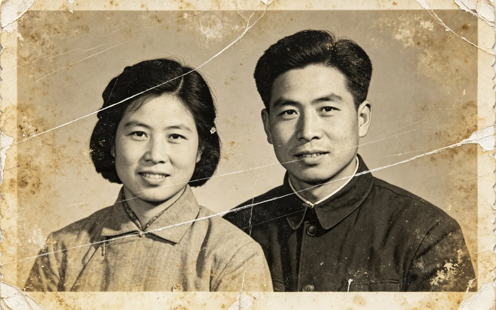 Un retrato de los años 50 arrugado y amarillento, sin rayones y con color nuevo — Antes