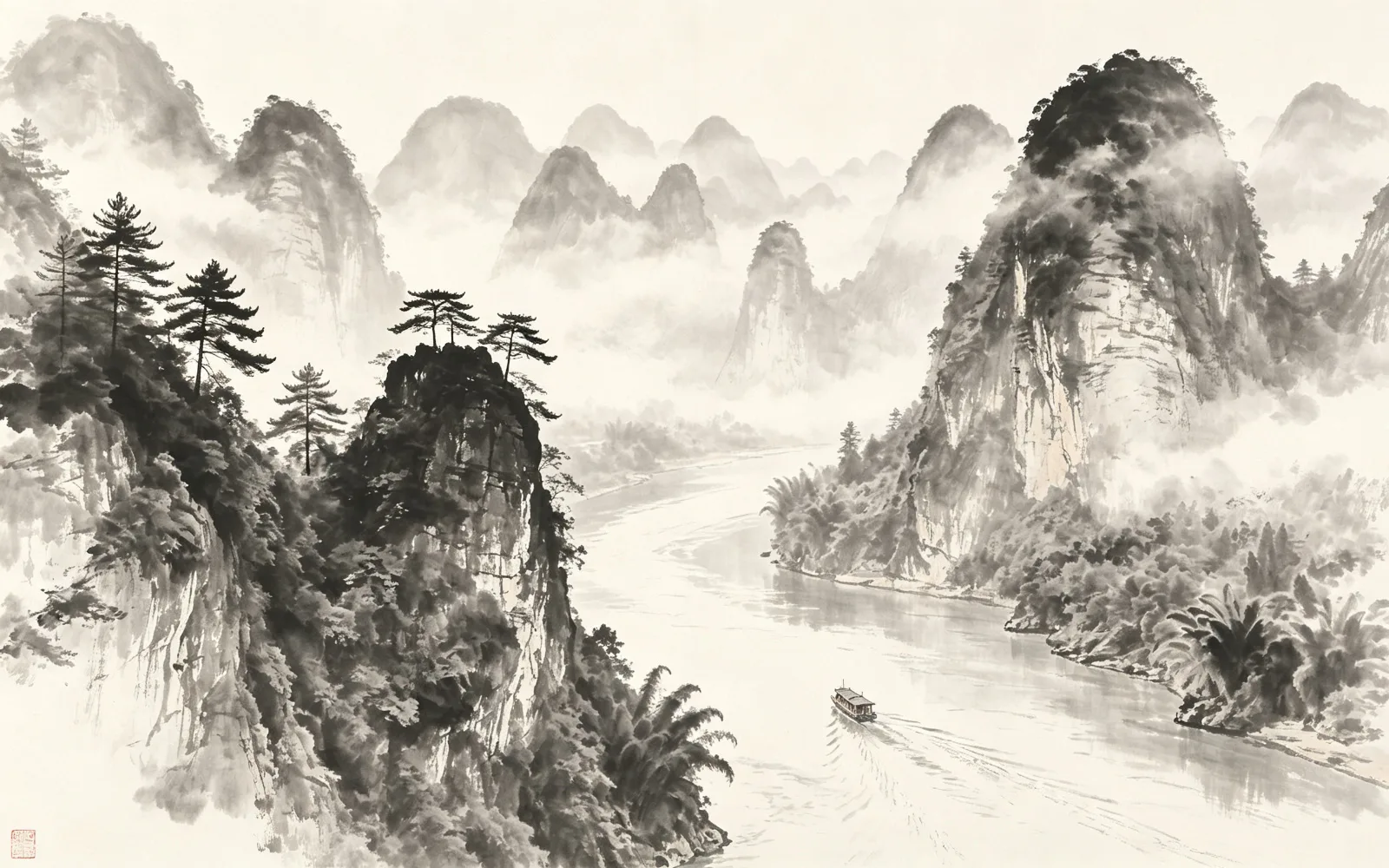 Montañas con niebla repintadas como una pintura china a tinta — Después