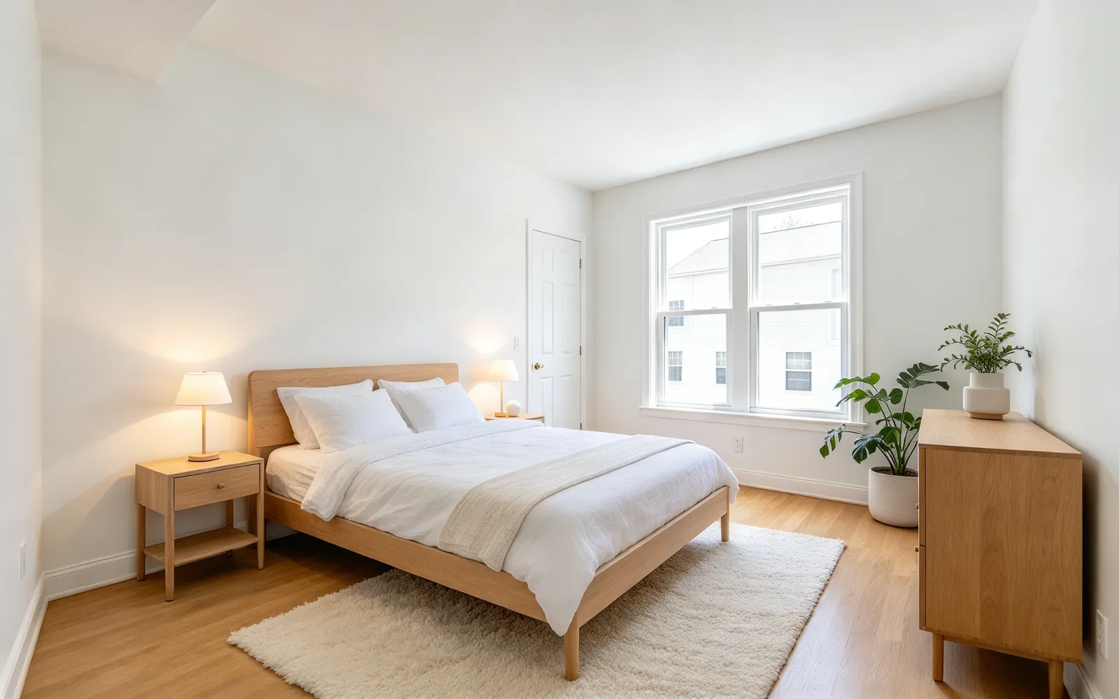 An empty bedroom staged in Scandinavian style with a bed, nightstands and a rug — After