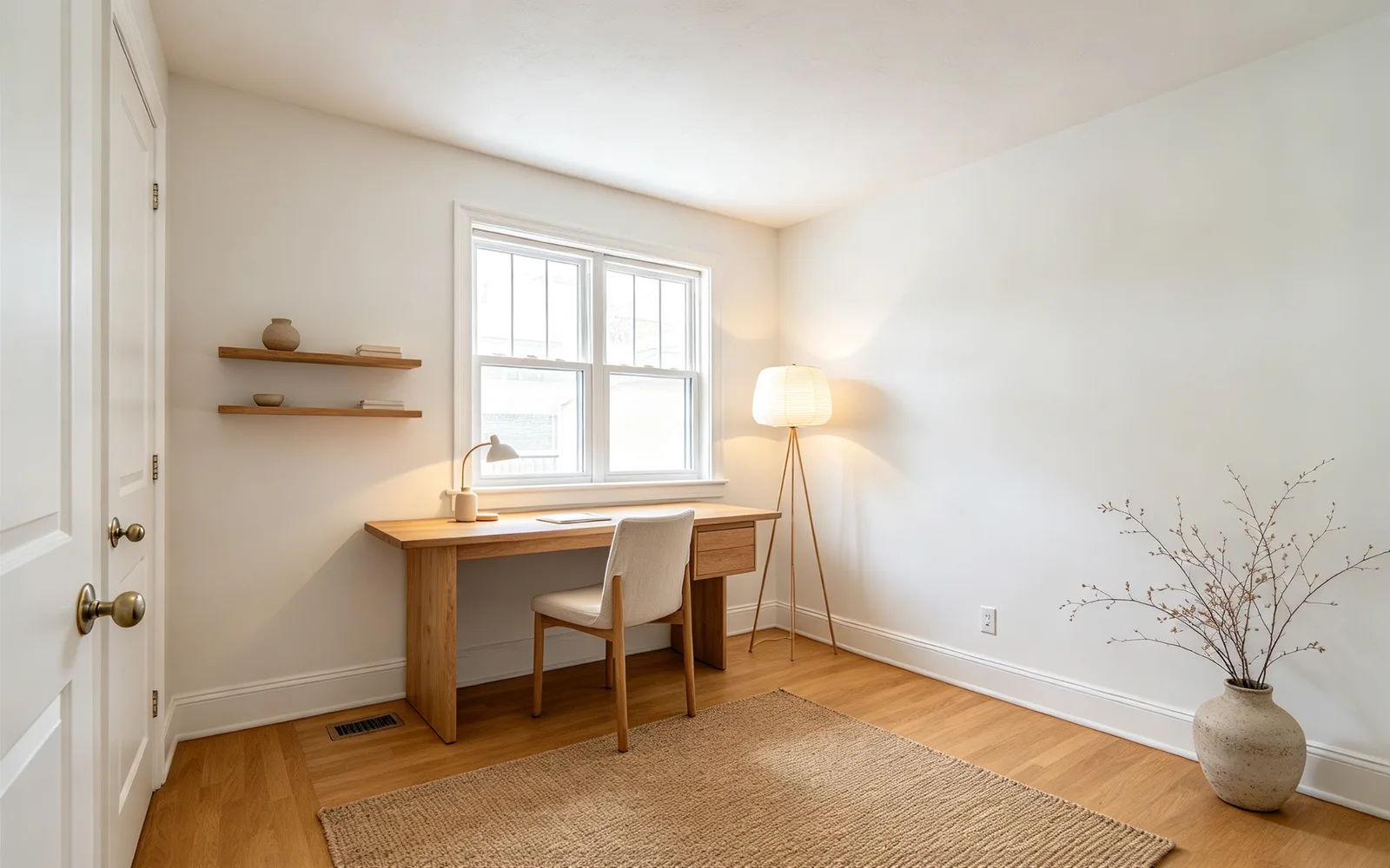A bare spare room staged as a Japandi home office with a desk, chair and shelving — After